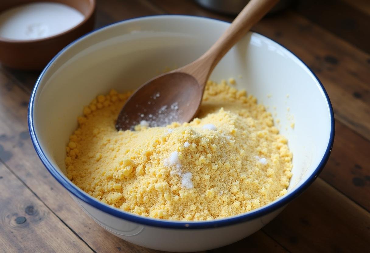 Preparação da massa de cuscuz nordestino com farinha de milho, água e sal em uma tigela.