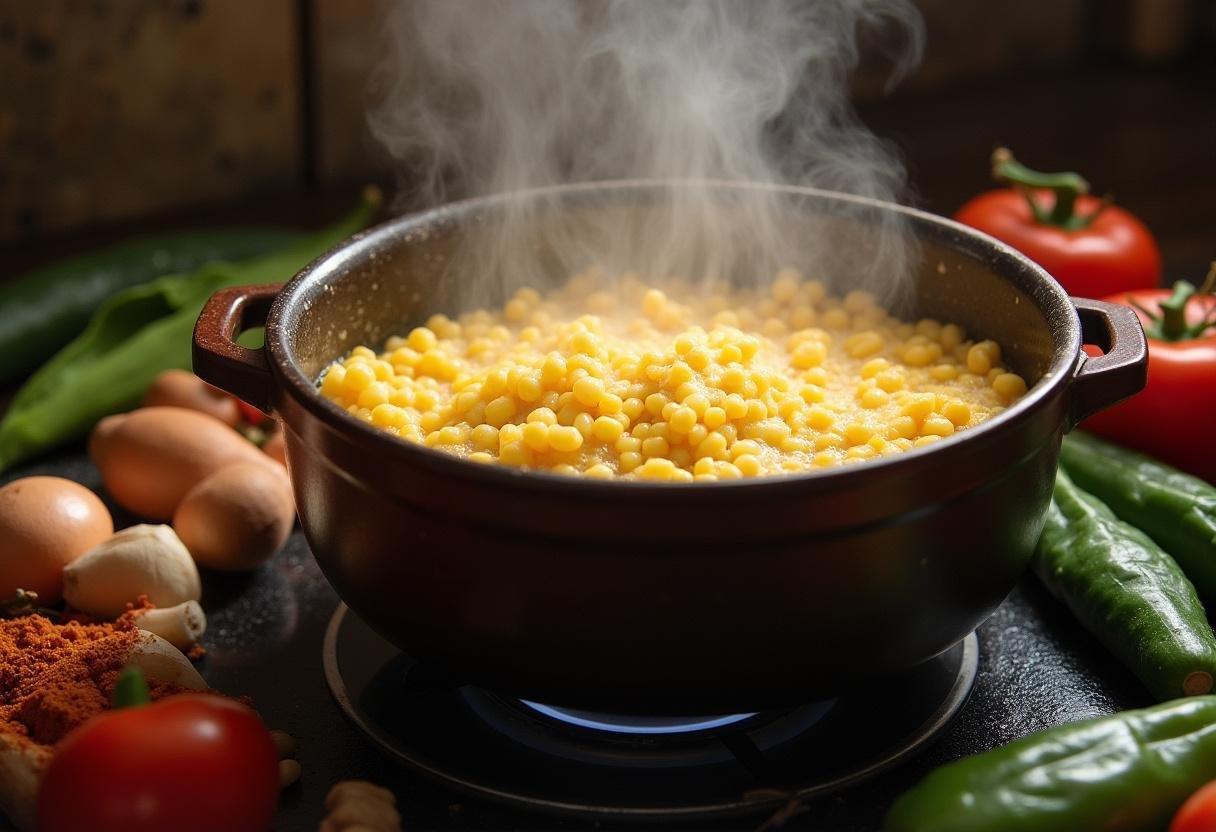 Cuscuz nordestino cozinhando na cuscuziera com ingredientes tradicionais ao redor.