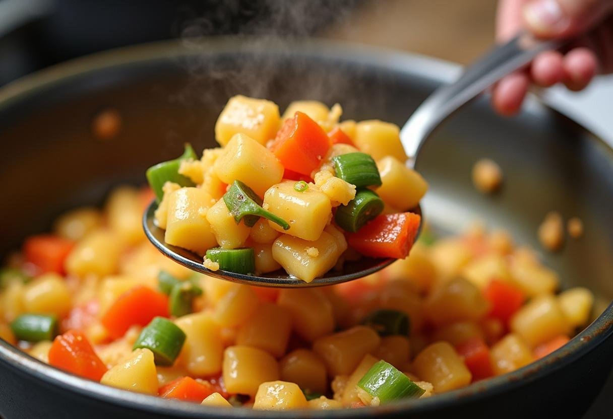 Mistura do cuscuz nordestino cozido com legumes frescos em uma tigela.