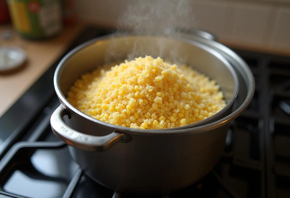 Panela com vapor preparada para cozinhar o Cuscuz Paulista no vapor.