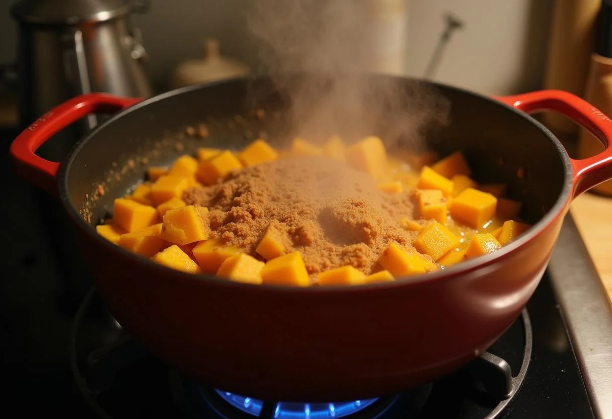 Abóbora picada cozinhando com açúcar e canela para fazer doce de abóbora com coco.