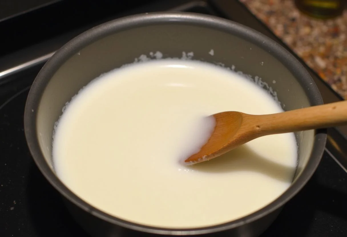 Mistura de leite e açúcar sendo mexida para fazer Doce de Leite Caseiro Cremoso.