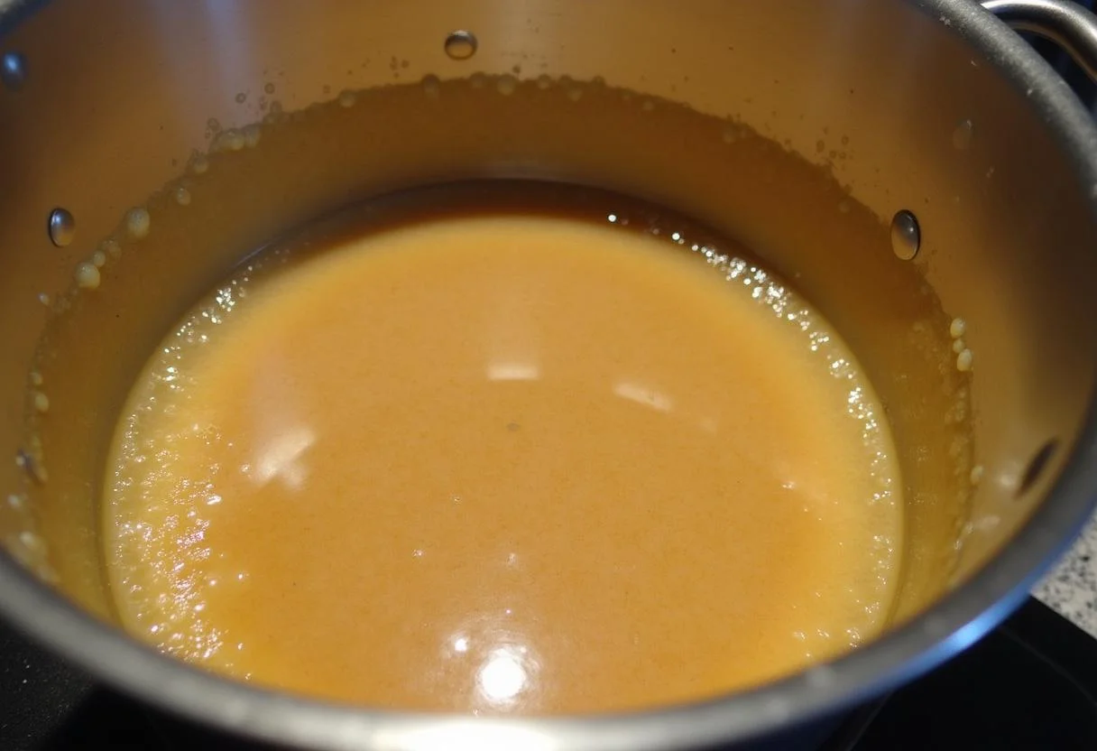 Mistura de Doce de Leite Caseiro Cremoso espessando e borbulhando no fogão.
