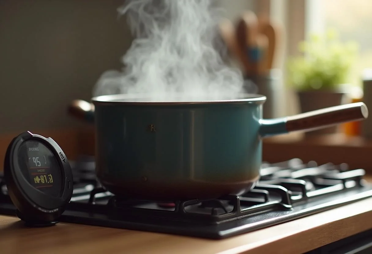 Temporizador na bancada enquanto Doce de Leite Caseiro Cremoso pode ser cozinhado lentamente.