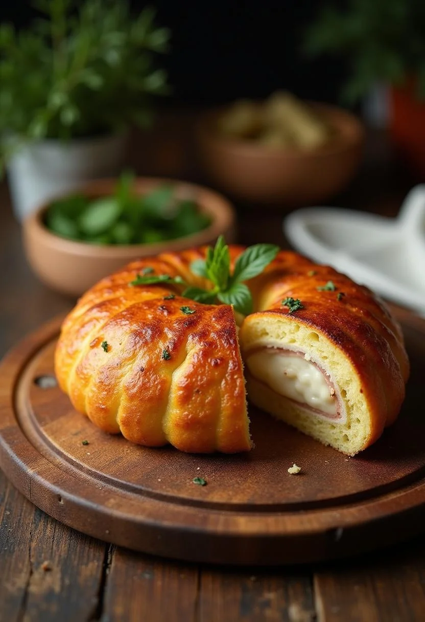 Empadão de frango cremoso assado e cortado, servido em uma mesa rústica.