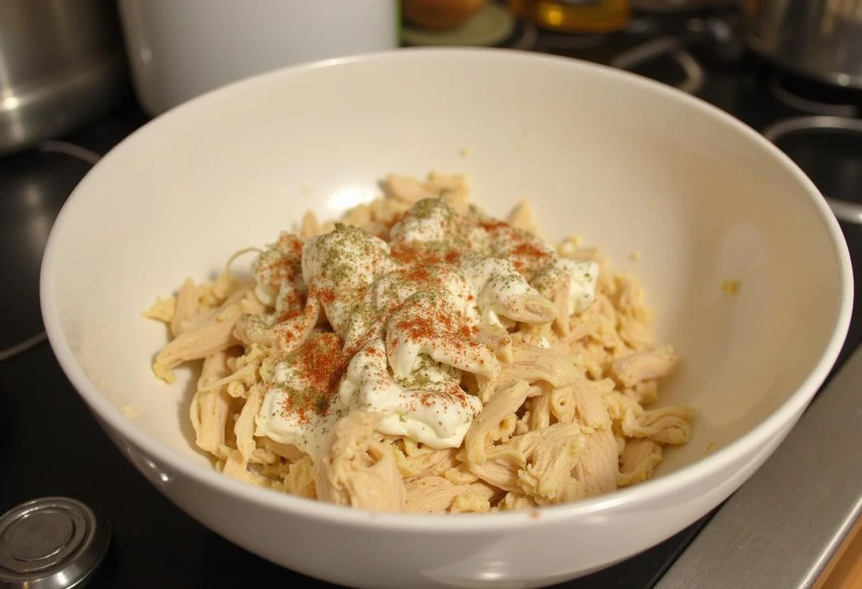 Mistura do empadão de frango cremoso com frango desfiado e cream cheese em uma tigela.