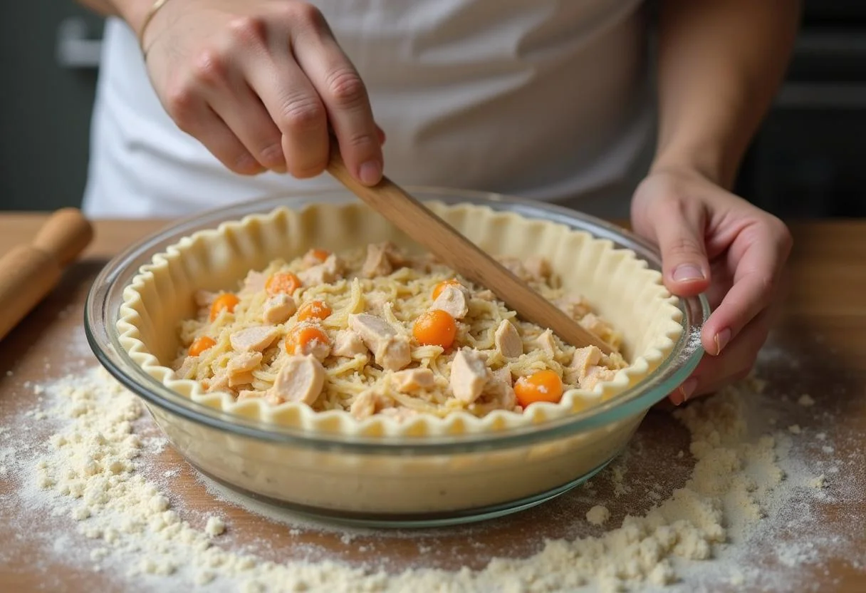 Espalhando a mistura de frango em uma massa de empadão para o empadão de frango cremoso.