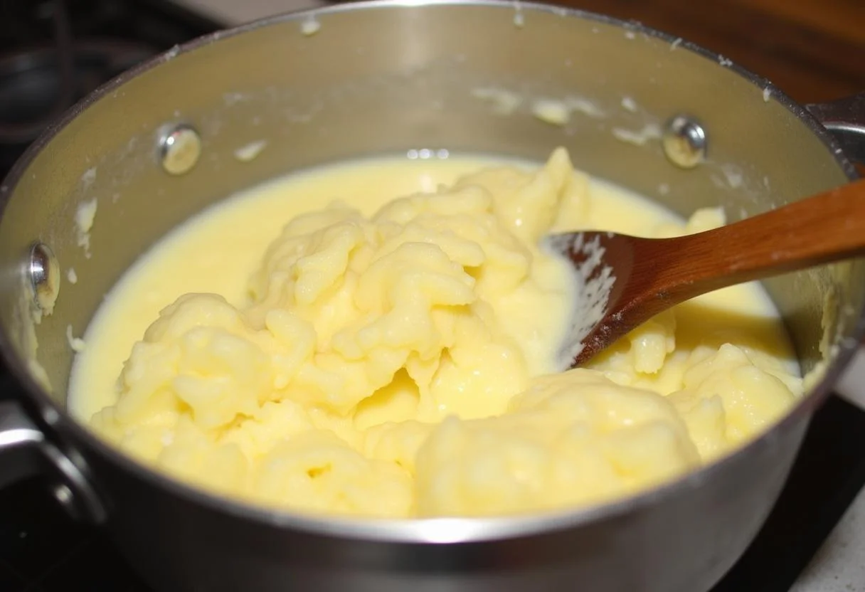 Batendo batatas cozidas com manteiga e creme para o purê de Escondidinho de Carne Seca Cremoso.