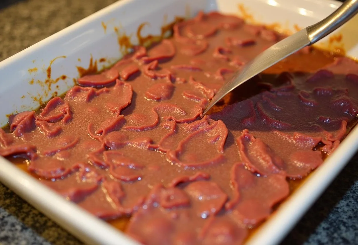Camada de carne seca refogada sendo colocada em uma assadeira para Escondidinho de Carne Seca Cremoso.
