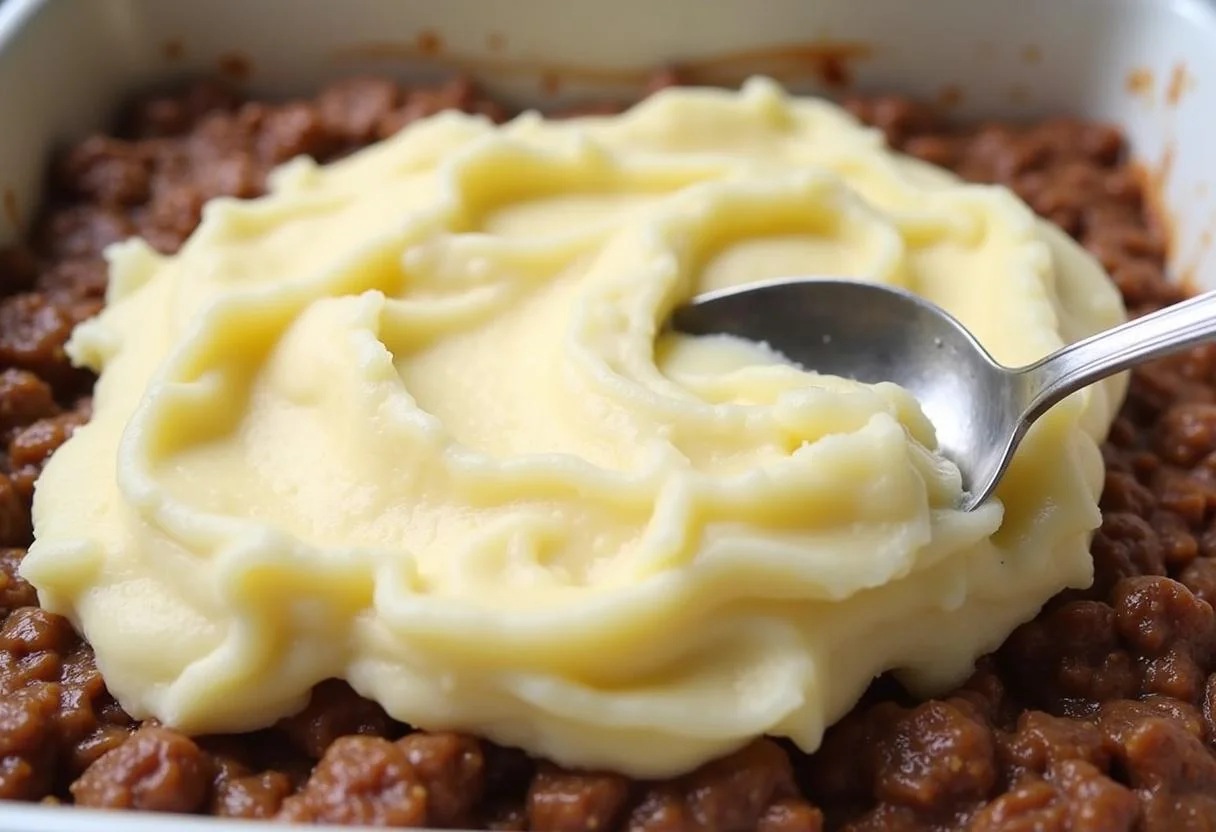 Camada de purê de batata cremosa sendo espalhada sobre a carne seca para Escondidinho de Carne Seca Cremoso.