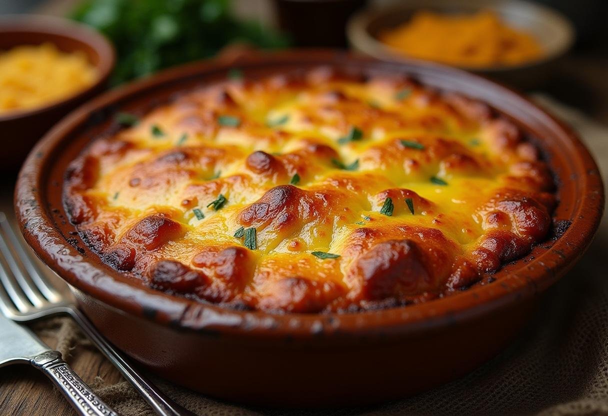 Escondidinho de carne seca dourado e cremoso, perfeito para servir em ocasiões especiais.