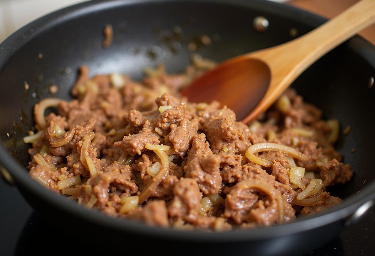 Carne seca sendo refogada com cebola e alho para o escondidinho.