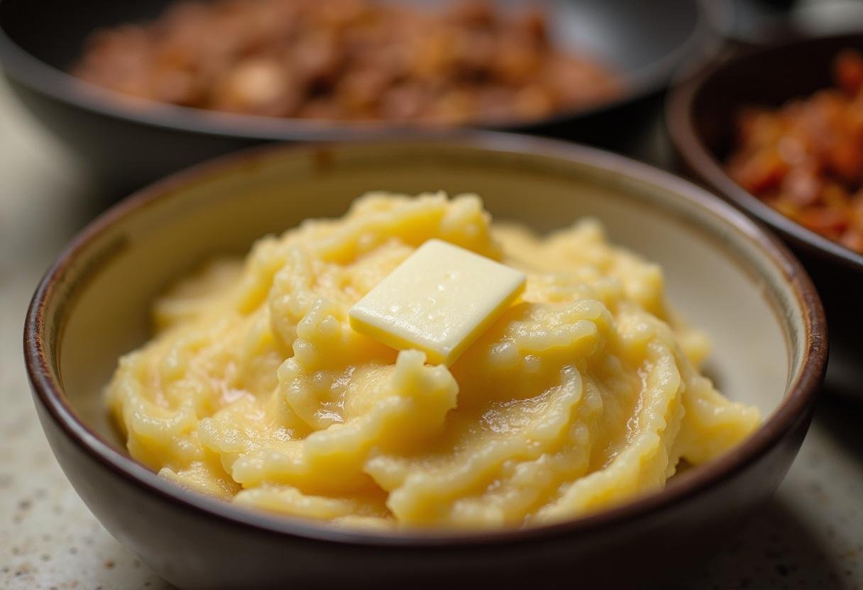 Purê de mandioca cremoso pronto para montar o escondidinho de carne seca.