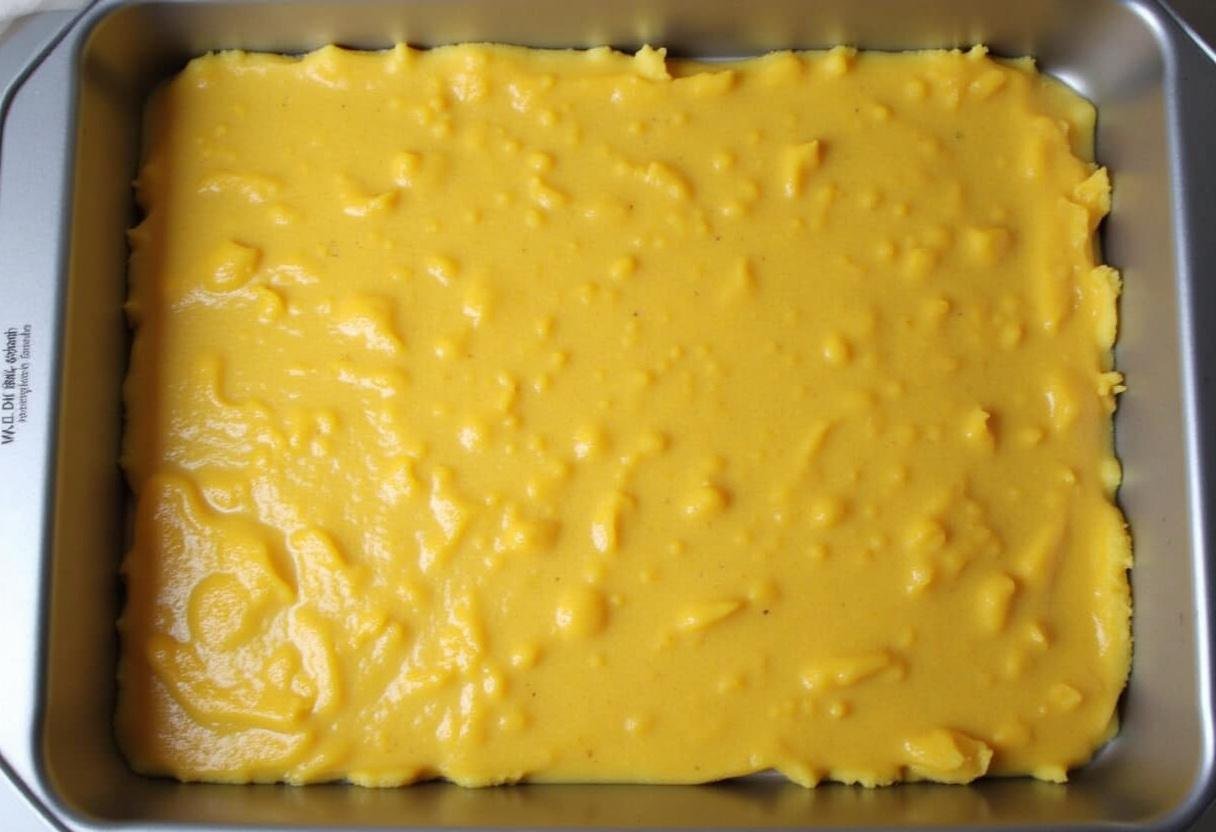 Camada de purê de mandioca sendo colocada no fundo do refratário para o escondidinho.