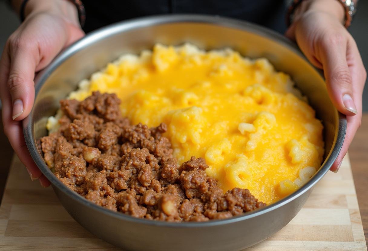 Carne seca sendo coberta com a segunda camada de purê de mandioca no escondidinho.