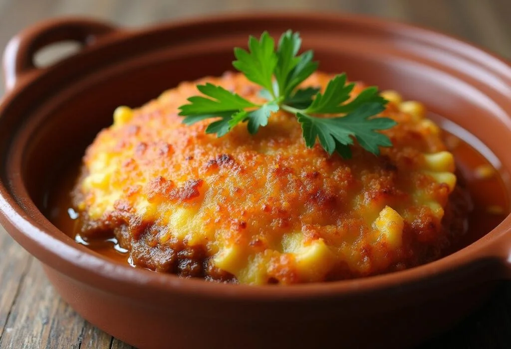 Escondidinho de carne seca com purê encorpado, dourado e crocante, pronto para servir.
