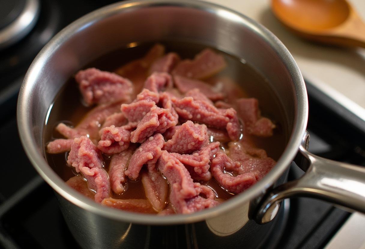 Carne seca sendo dessalgada em água para o preparo do escondidinho.