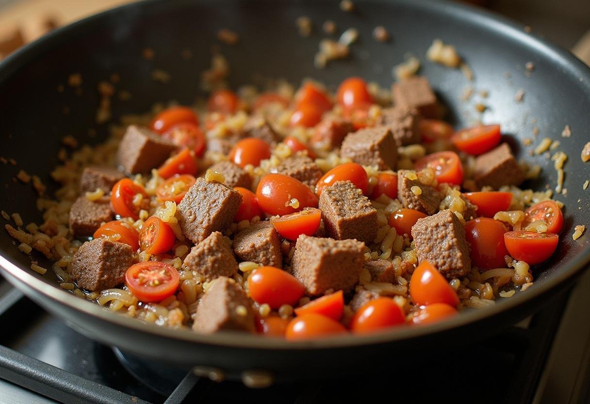Refogado de cebola, alho e tomate com carne seca para o escondidinho.