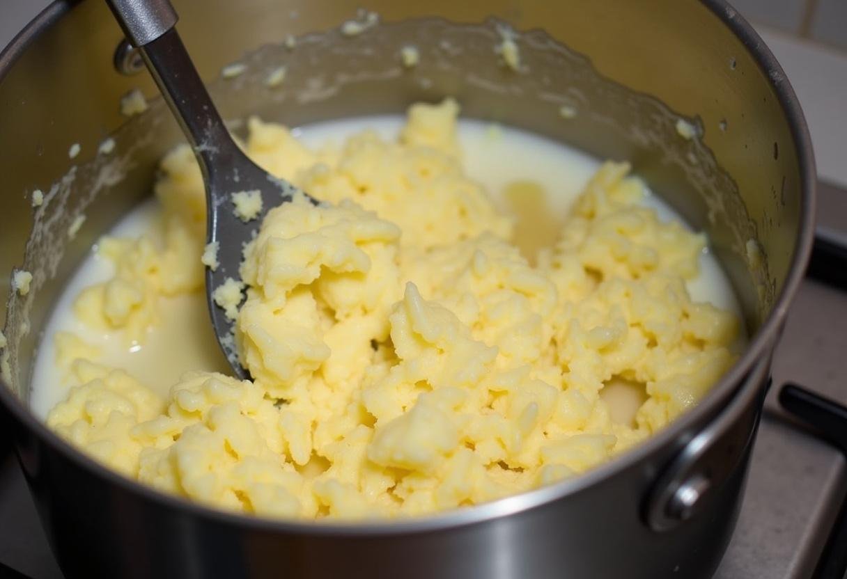 Purê de mandioca sendo preparado com manteiga e leite para o escondidinho.