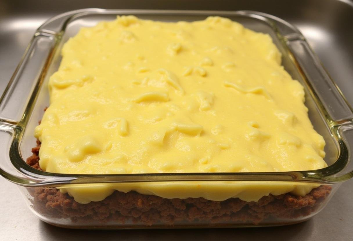 Camadas de carne seca e purê de mandioca em uma assadeira para o escondidinho.