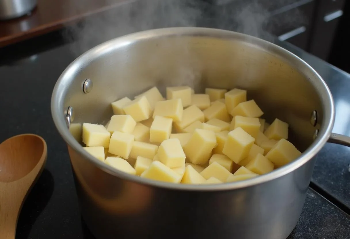 Cozinhando mandioca em água fervente para o Escondidinho de Carne Seca.