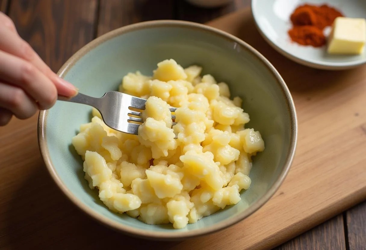 Mandioca sendo amassada para o purê do Escondidinho de Carne Seca.