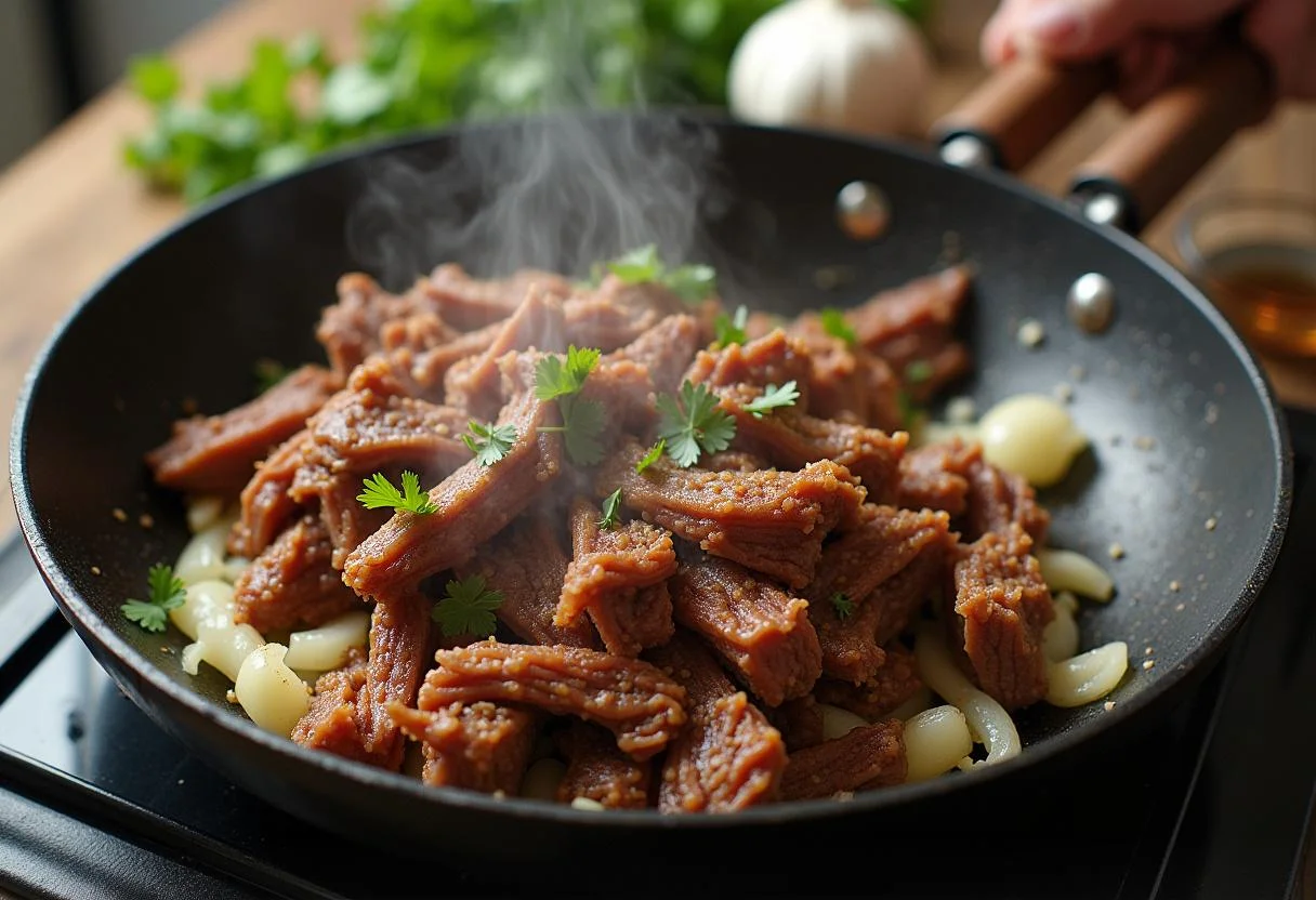 Refogando carne seca com cebola e alho para o Escondidinho de Carne Seca.