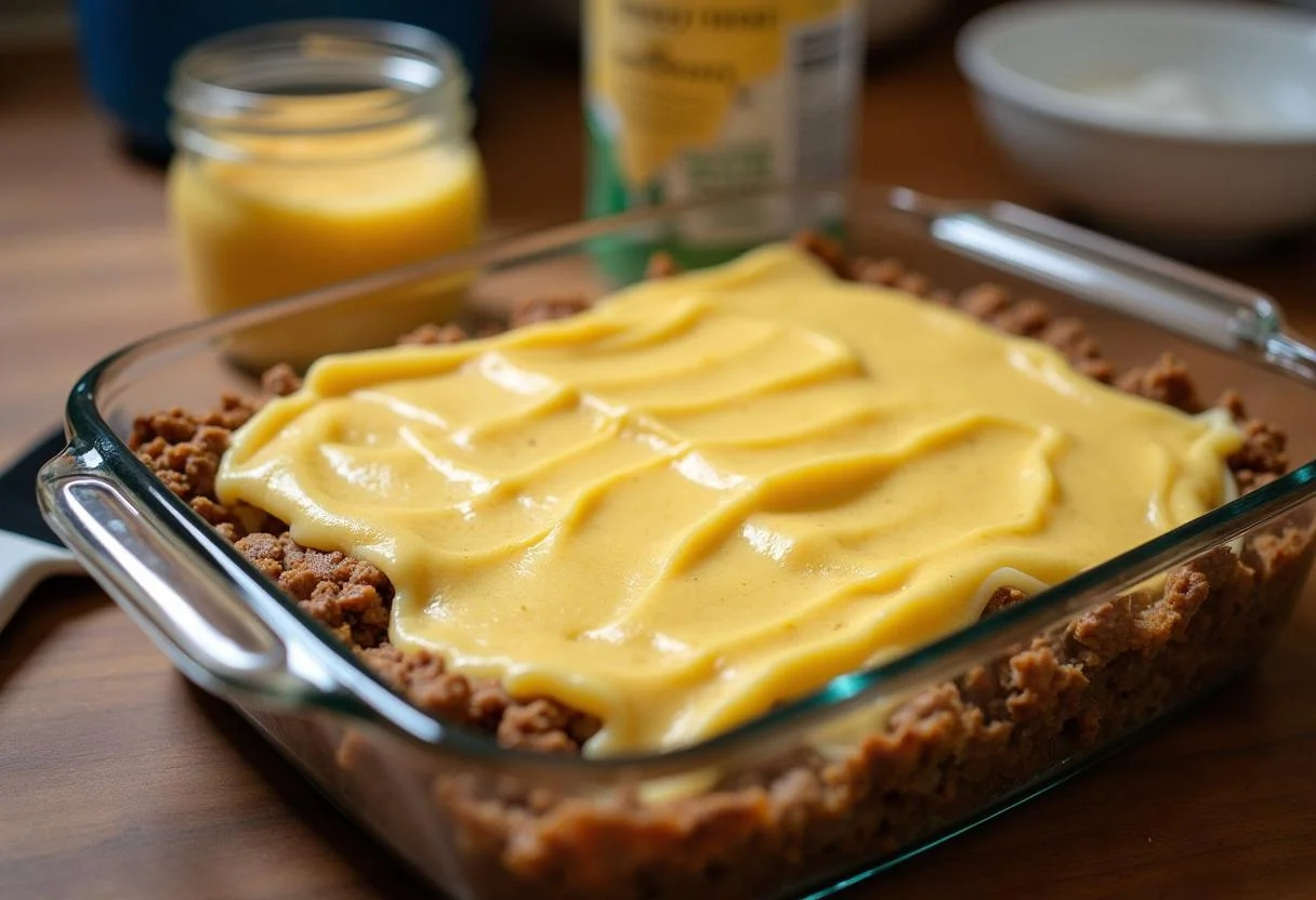 Montagem do Escondidinho de Carne Seca em uma travessa de vidro.