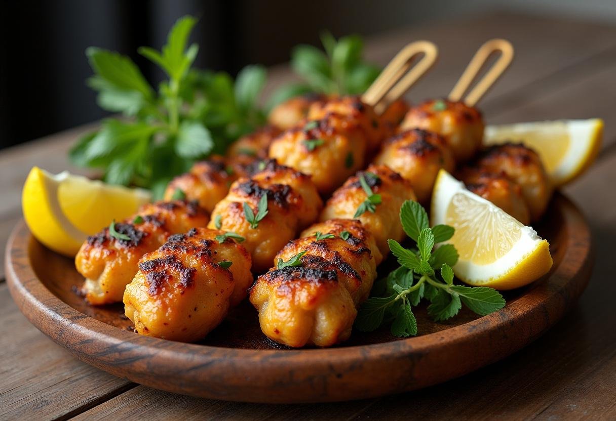 Espetinhos de frango grelhados, finalizados e prontos para servir com ervas e limão.