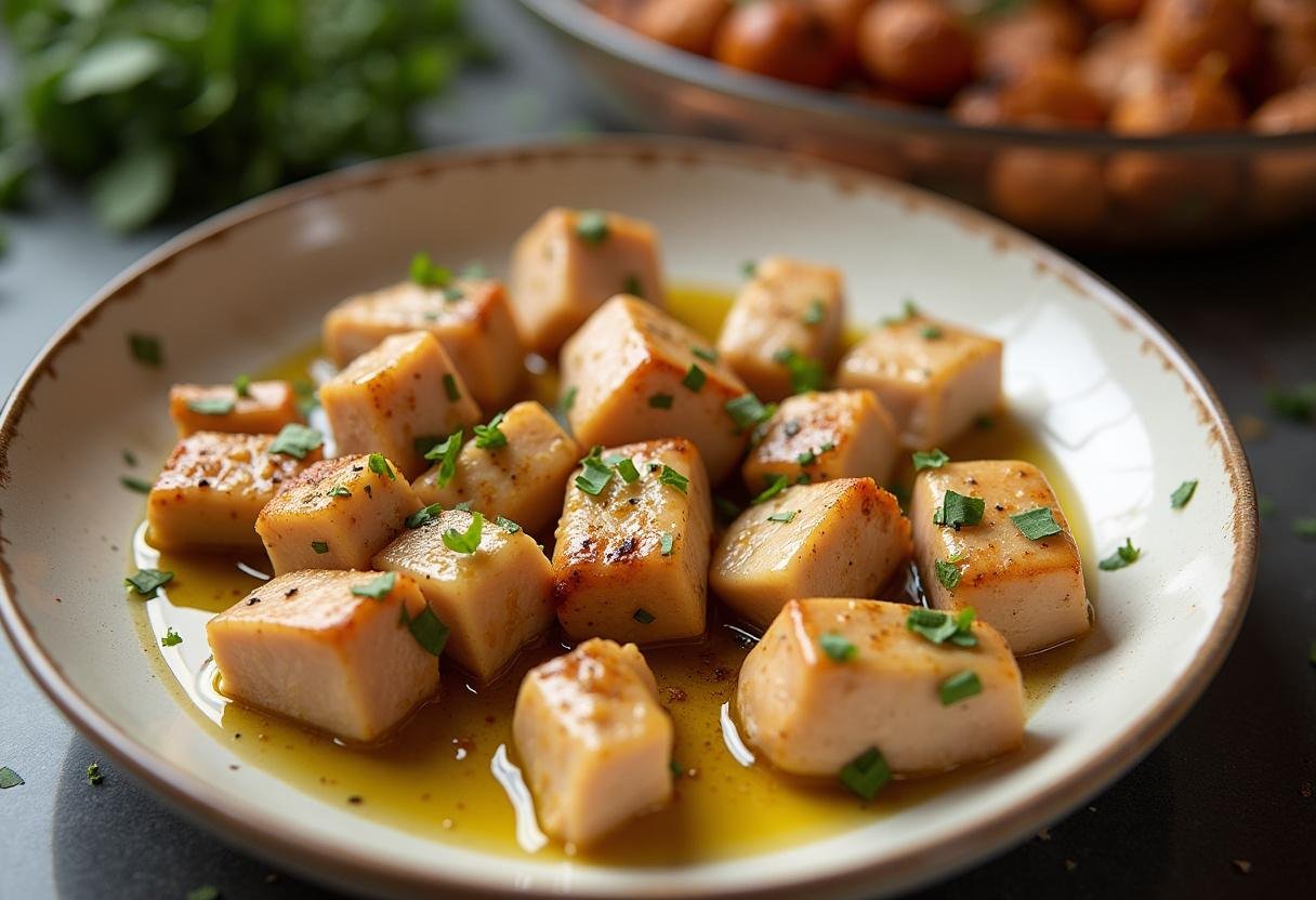 Cubos de frango marinados com azeite, alho e temperos para espetinho.