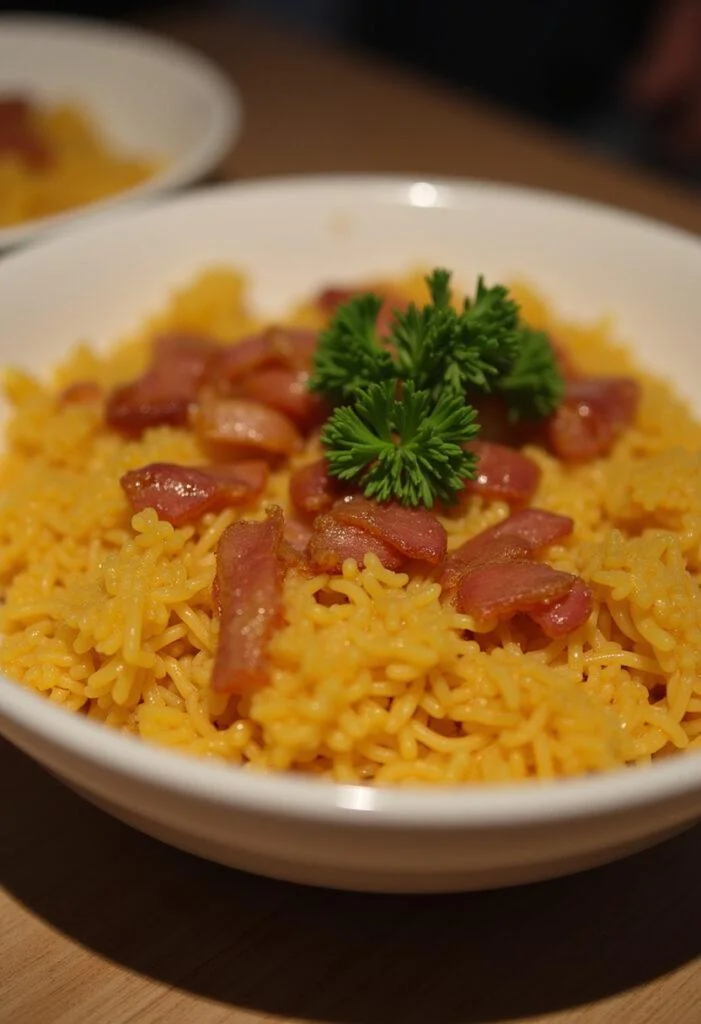 Finished Farofa Crocante com Bacon garnished and served for a delicious Brazilian meal.
