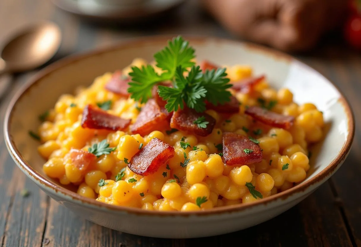 Farofa Crocante com Bacon finalizada, decorada e servida para uma deliciosa refeição brasileira.