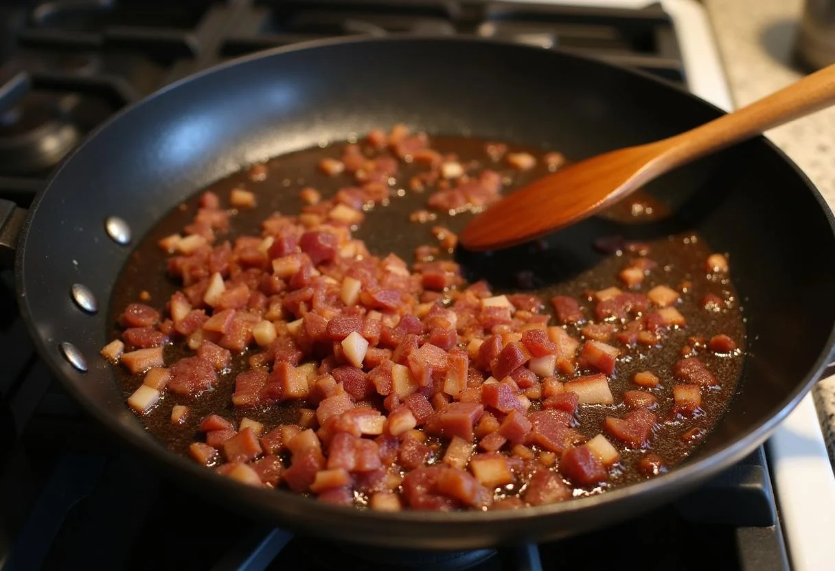 Bacon em cubos frito em uma frigideira para Farofa Crocante com Bacon.