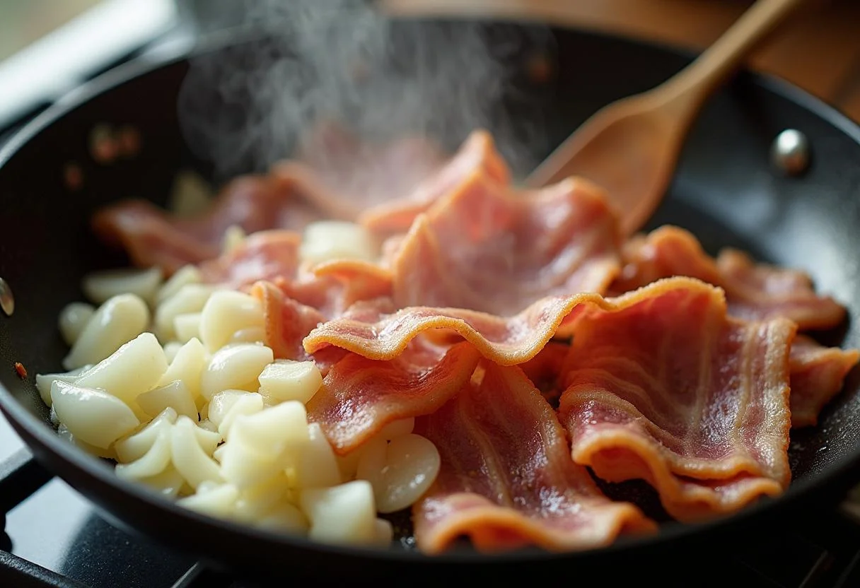 Cebolas e alho sendo refogados com bacon para Farofa Crocante com Bacon.