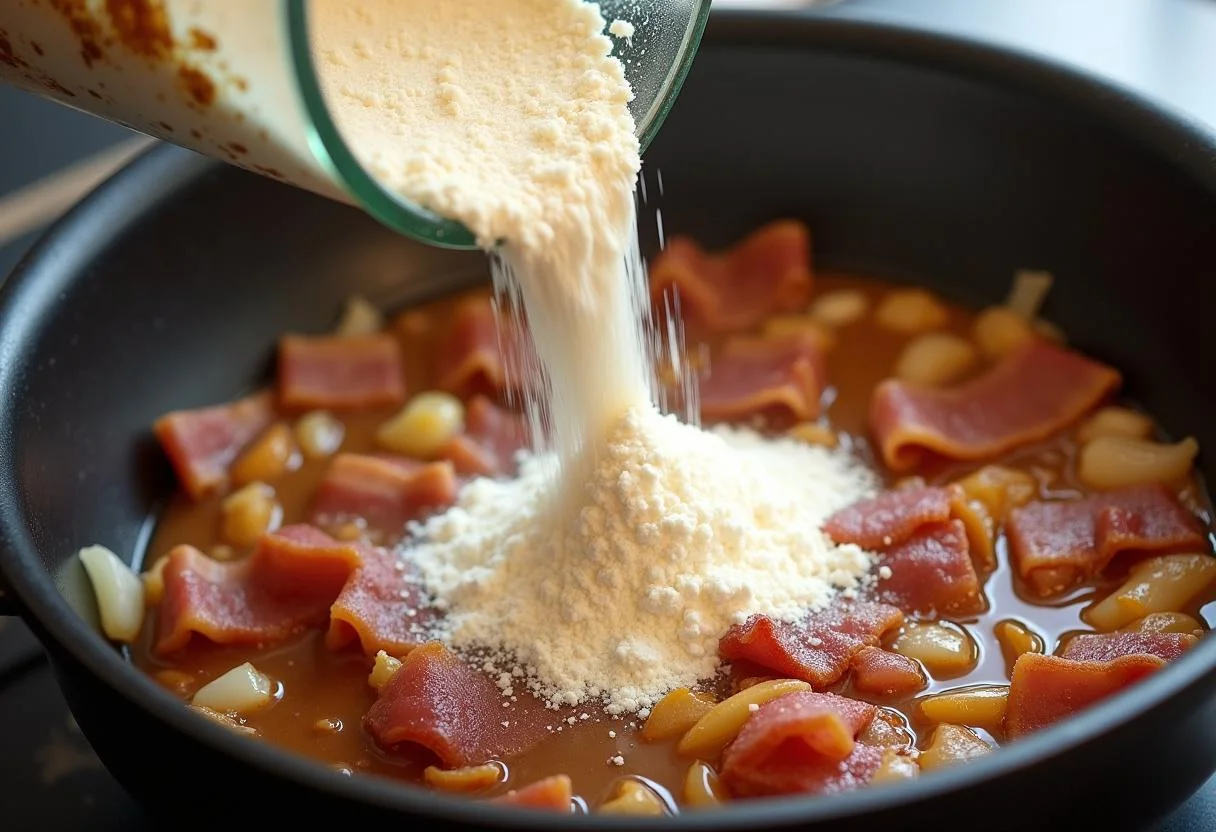 Farinha de mandioca adicionada à mistura de bacon para fazer Farofa Crocante com Bacon.