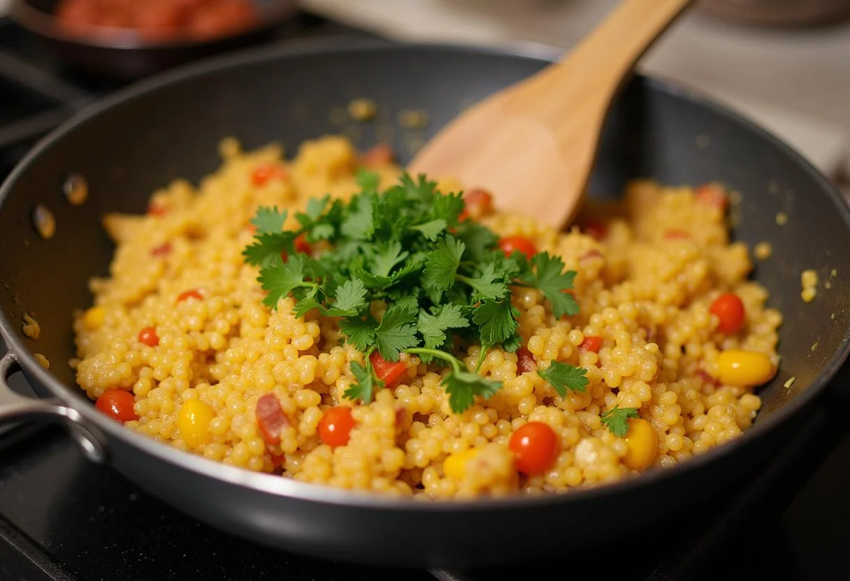 Farofa Crocante com Bacon mexida em uma frigideira, pronta para apresentação.