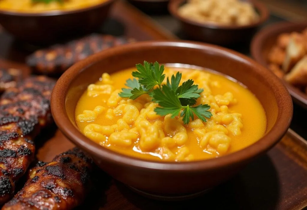 Farofa Temperada da Festa Nacional pronta para servir, acompanhando carnes grelhadas em uma mesa festiva.