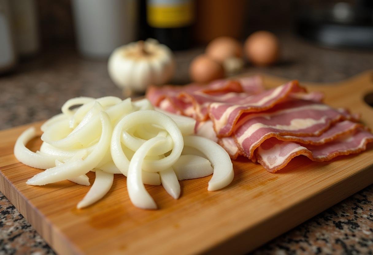 Ingredientes frescos como cebola, alho e bacon cortados para fazer Farofa Temperada da Festa Nacional.