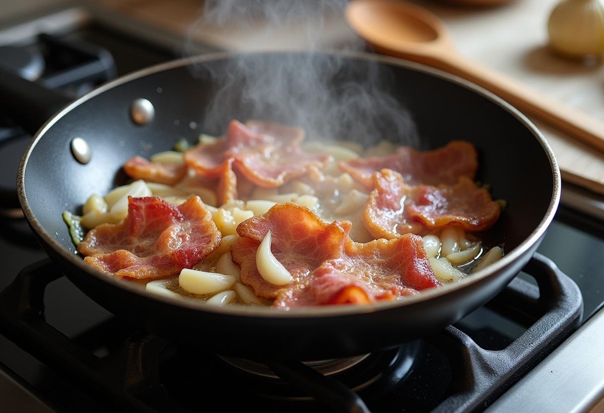 Bacon, cebola e alho sendo refogados em uma frigideira para Farofa Temperada da Festa Nacional.