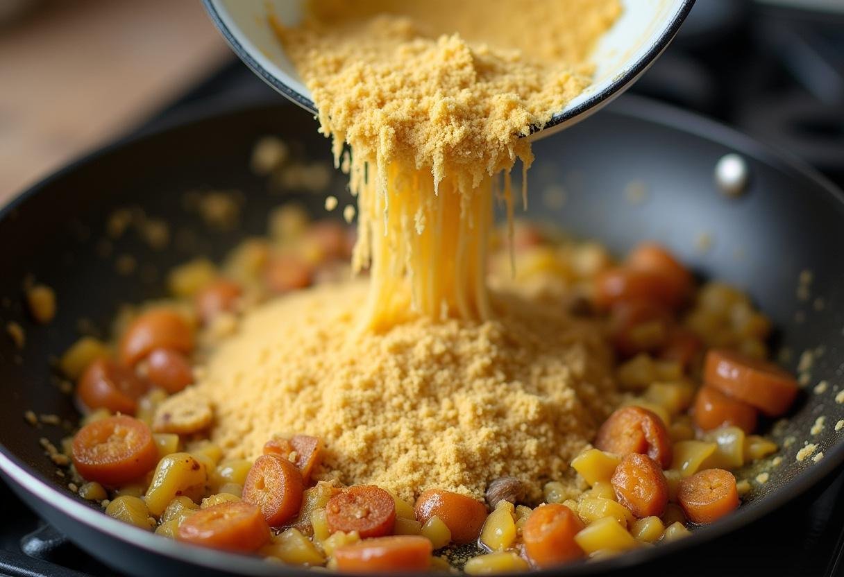 Farinha de mandioca sendo adicionada à mistura refogada para Farofa Temperada da Festa Nacional.