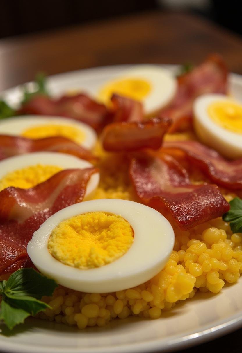 Finished Farofa Temperada da Festa Nacional com Ovos e Bacon on a festive platter.