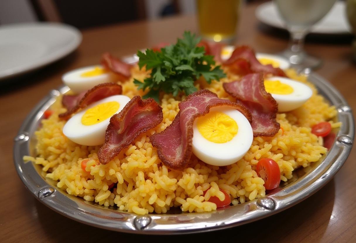 Farofa Temperada da Festa Nacional com Ovos e Bacon finalizada em um prato festivo.