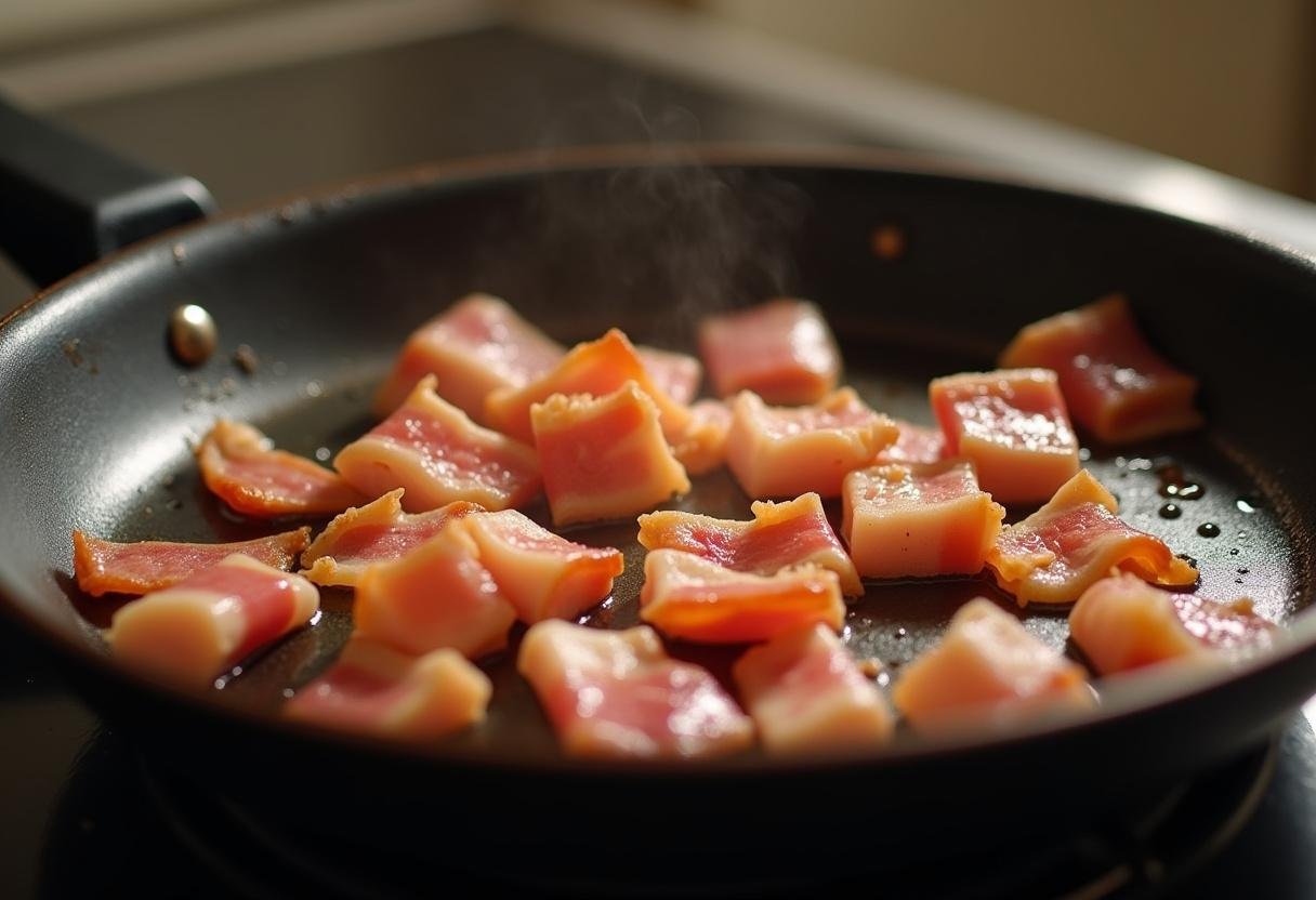 Bacon sendo frito em uma panela para Farofa Temperada da Festa Nacional com Ovos e Bacon.