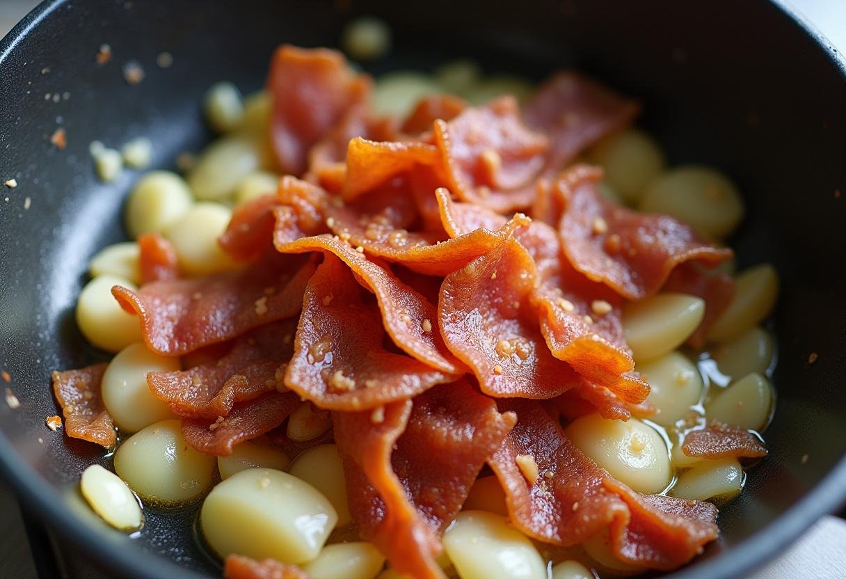 Mistura refogada de bacon, cebola e alho para Farofa Temperada.