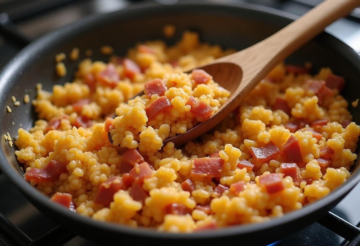 Farinha de mandioca sendo misturada à mistura de bacon e cebola para Farofa Temperada da Festa Nacional.