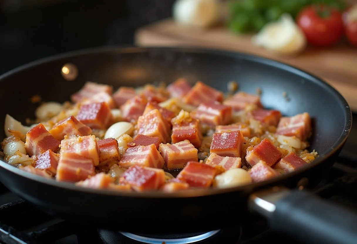 Bacon sendo cozido para o Feijão Tropeiro Completo, mostrando a base saborosa do prato.