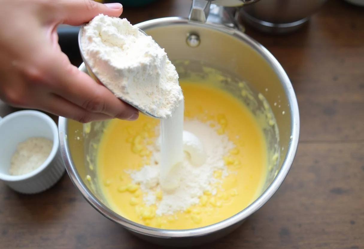 Adicionando farinha de mandioca à mistura de feijão para o Feijão Tropeiro Completo, mostrando o ingrediente tradicional.