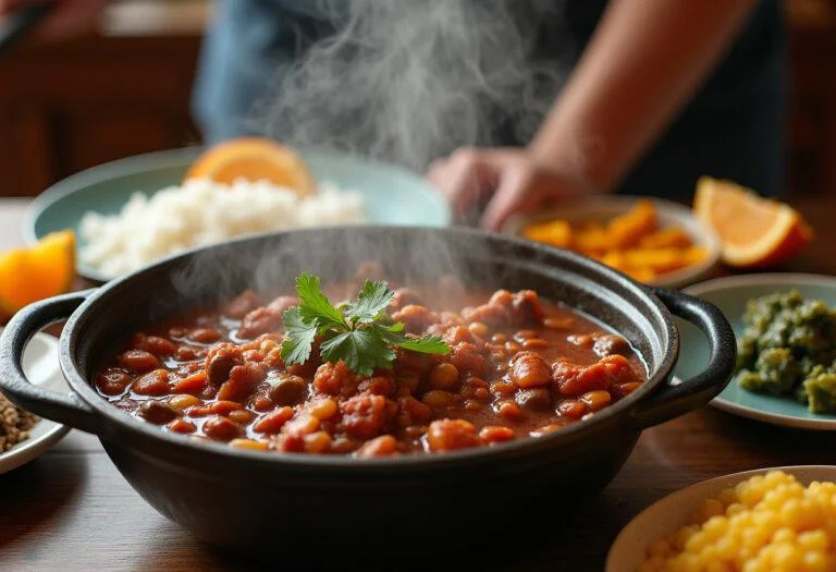 Mesa posta com feijoada completa, arroz, couve, farofa e laranja, prato típico brasileiro.