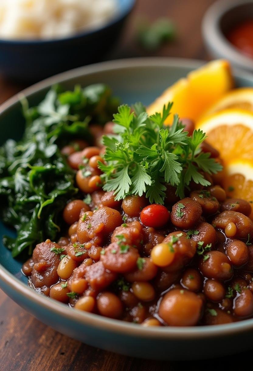 Feijoada Suprema da Tradição Brasileira servida em uma mesa decorada, perfeita para uma refeição tradicional.