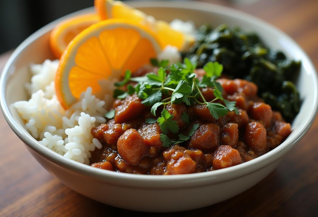 Feijoada Suprema da Tradição Brasileira servida em uma mesa decorada, perfeita para uma refeição tradicional.